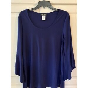 Slinky Brand‎ Navy Blue Bell Sleeve Scoop Neck Tunic Top Women's Size M